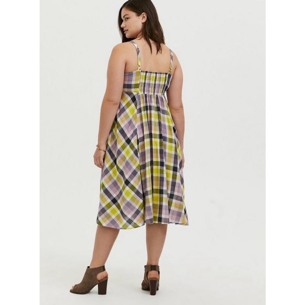 Torrid Plaid Challis Button Front Midi Dress Size 3 Yellow Purple - Picture 3 of 7